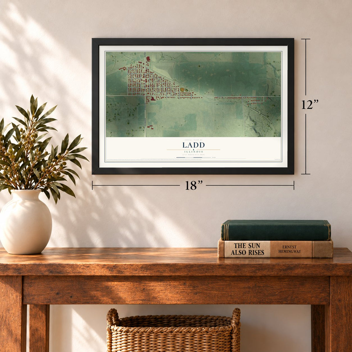 Ladd, Illinois map, 12 x 18 inch print in a black frame in an entryway