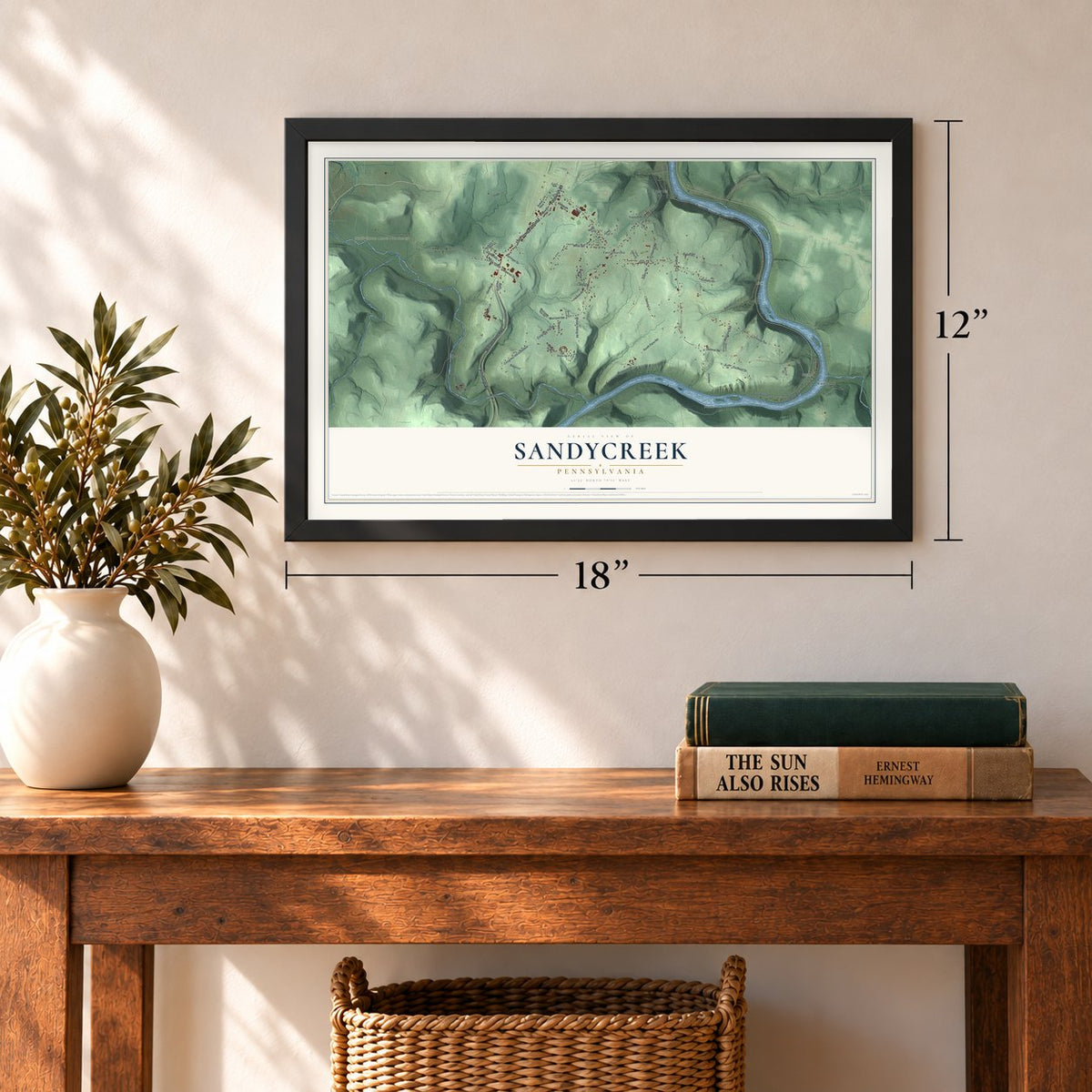 Sandycreek, Pennsylvania map, 12 x 18 inch print in a black frame in an entryway