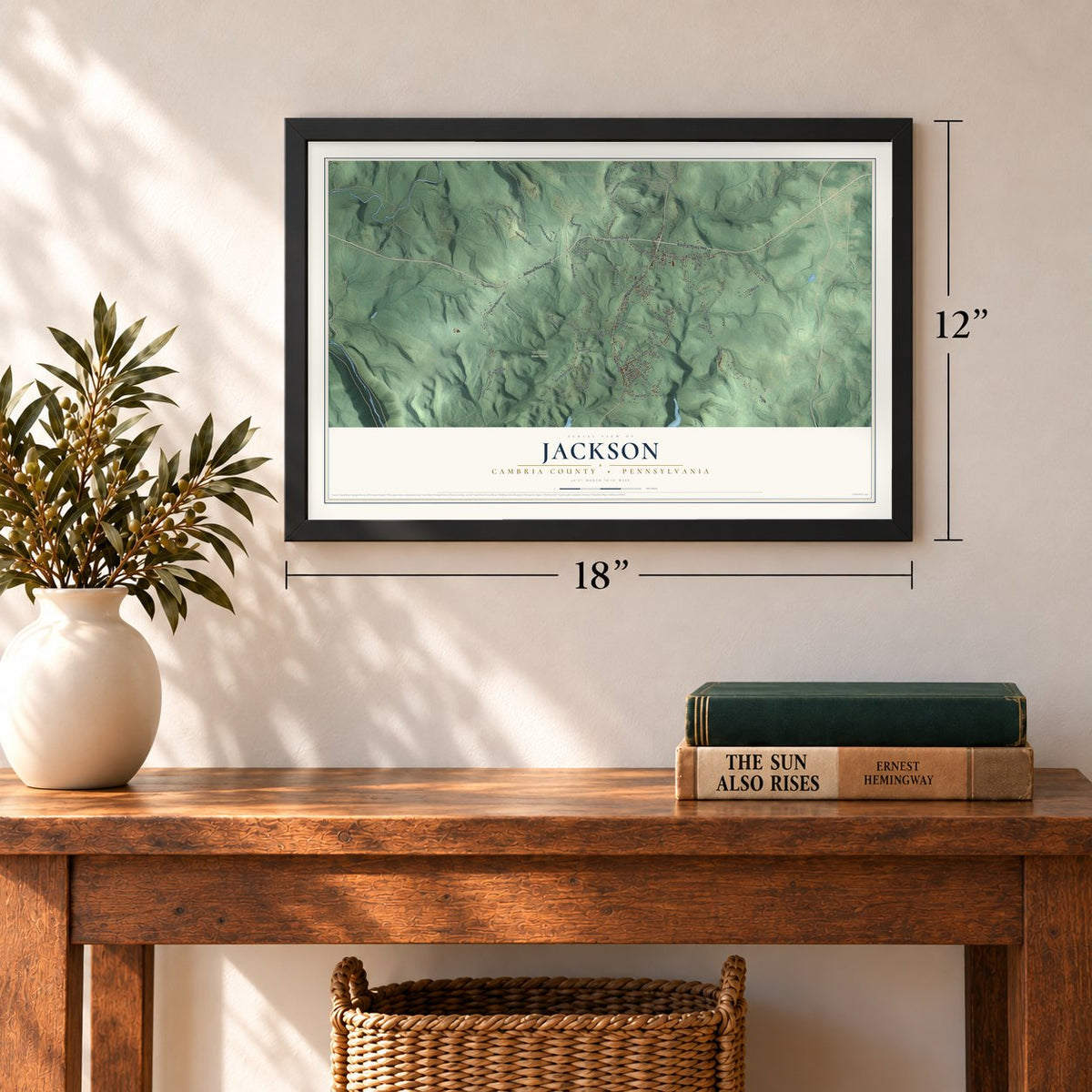 Jackson, Cambria County, Pennsylvania map, 12 x 18 inch print in a black frame in an entryway