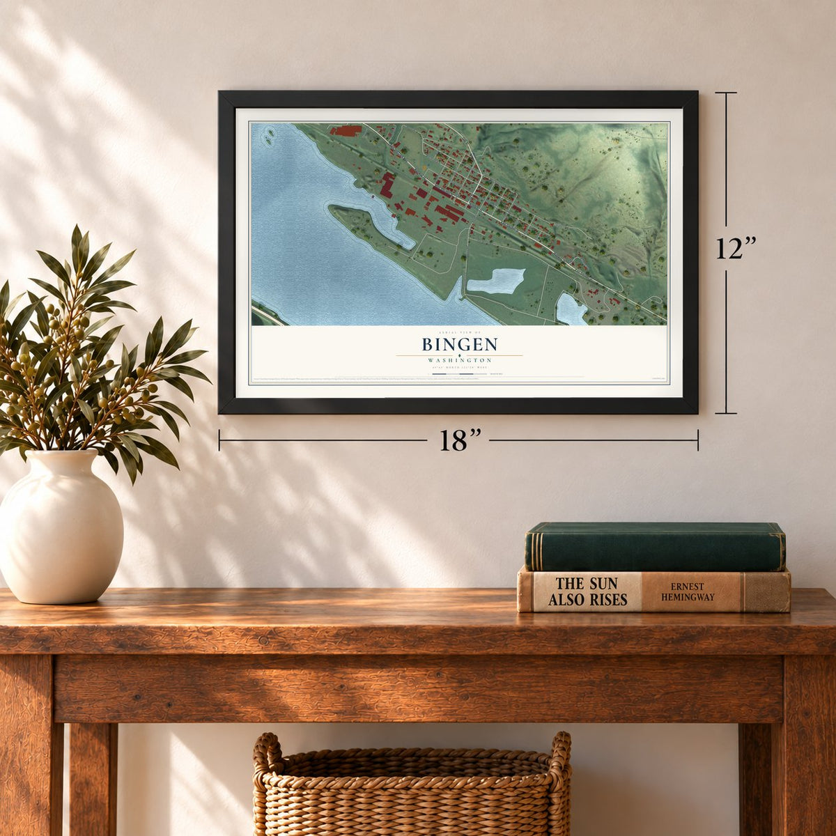 Bingen, Washington map, 12 x 18 inch print in a black frame in an entryway