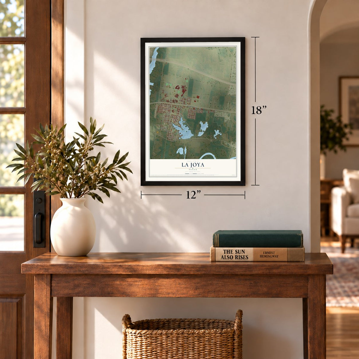 La Joya, Texas map, 12 x 18 inch print in a black frame in an entryway
