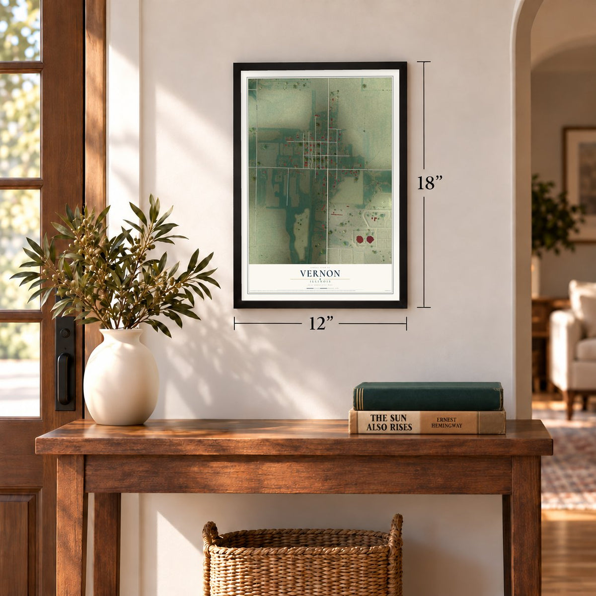 Vernon, Illinois map, 12 x 18 inch print in a black frame in an entryway