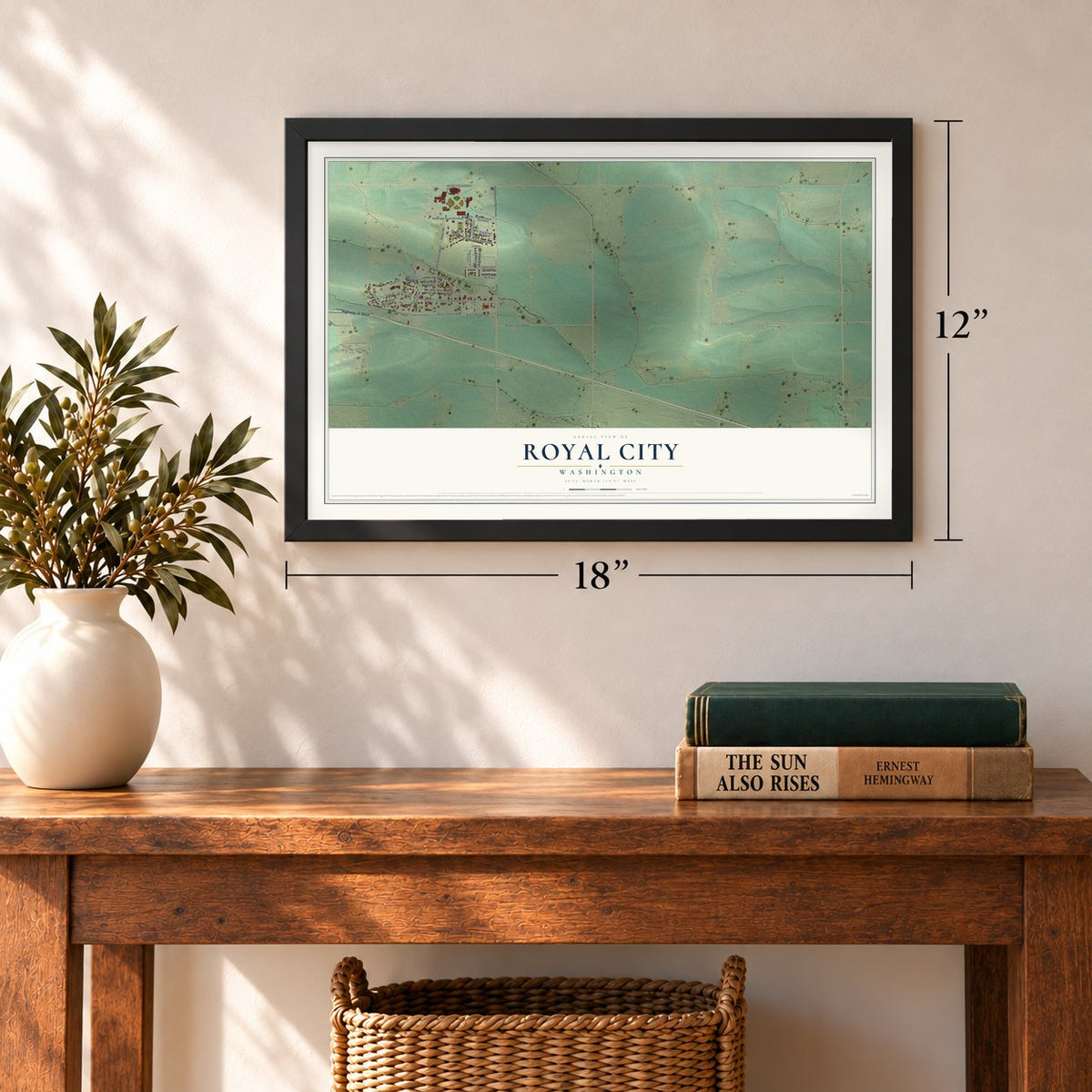 Royal City, Washington map, 12 x 18 inch print in a black frame in an entryway