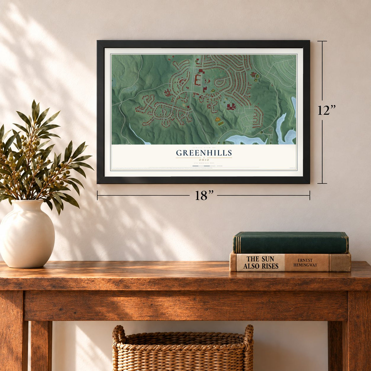 Greenhills, Ohio map, 12 x 18 inch print in a black frame in an entryway