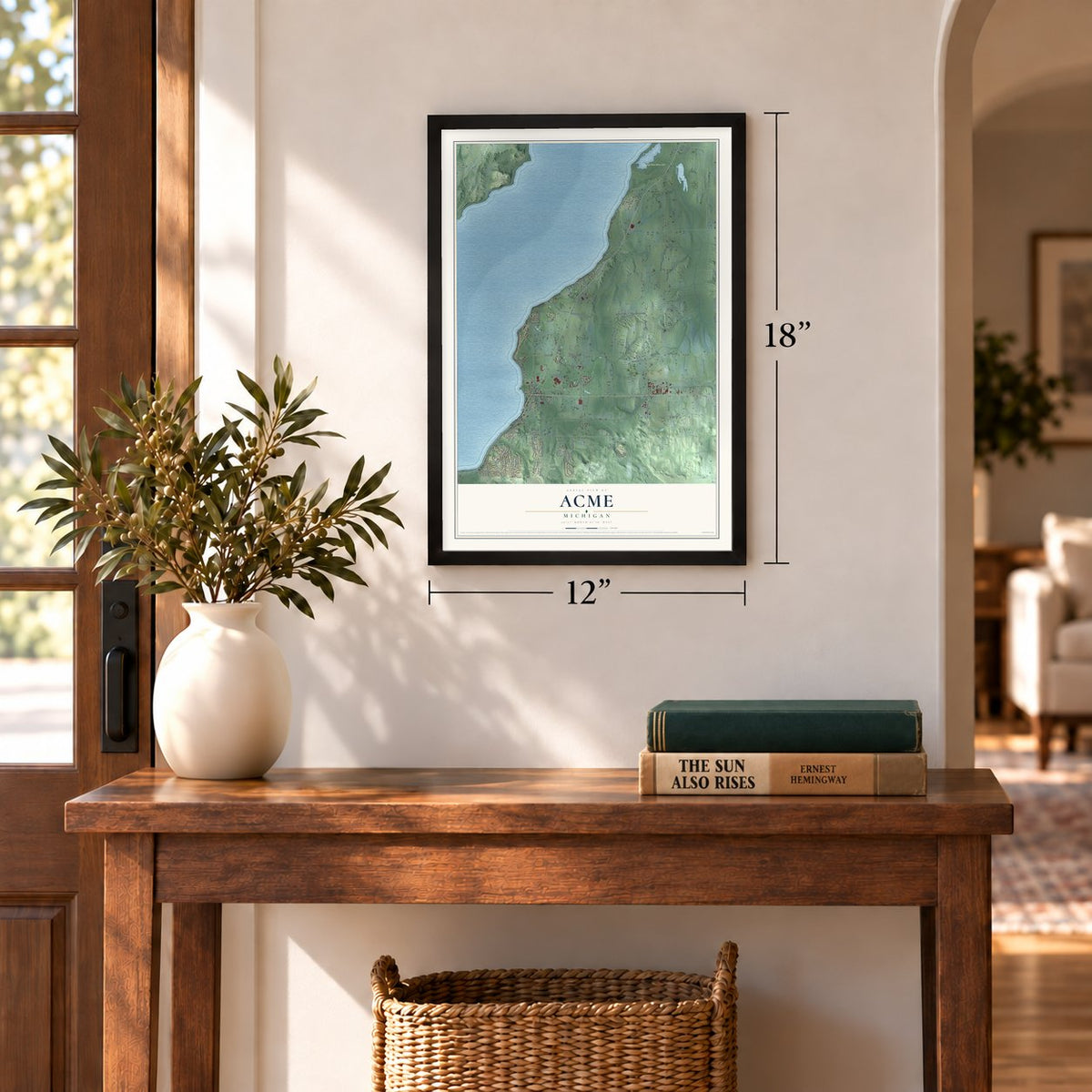 Acme, Michigan map, 12 x 18 inch print in a black frame in an entryway