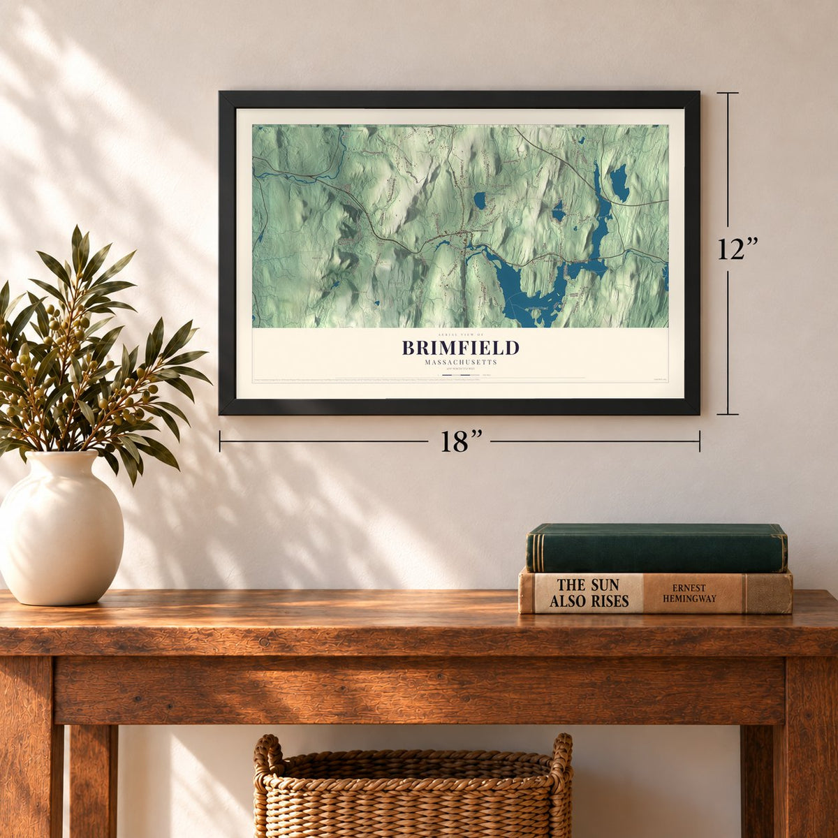 Brimfield, Massachusetts map, 12 x 18 inch print in a black frame in an entryway