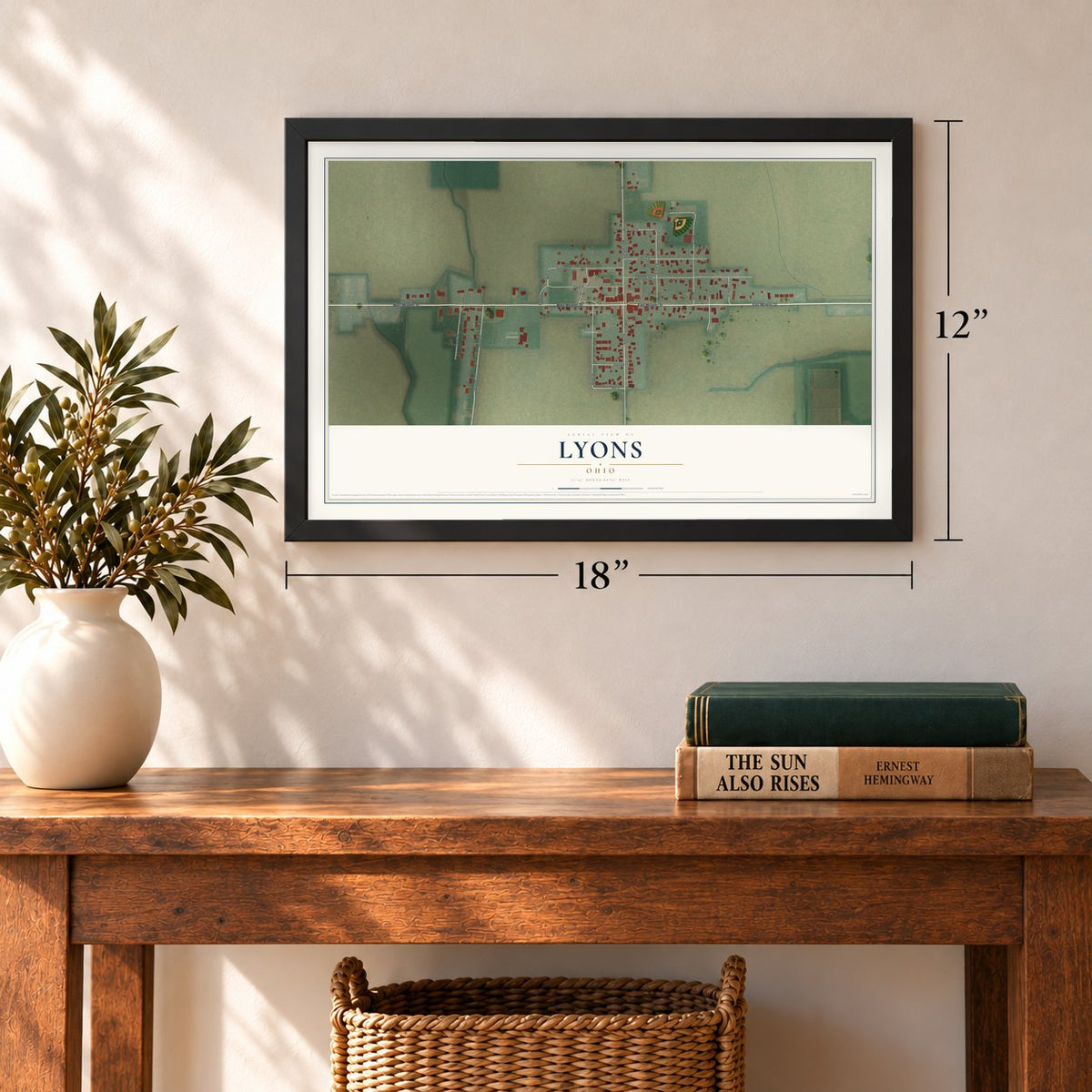 Lyons, Ohio map, 12 x 18 inch print in a black frame in an entryway