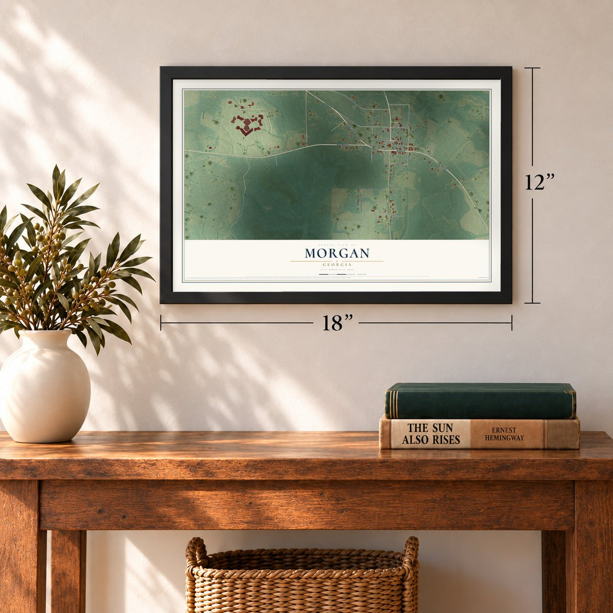 Morgan, Georgia map, 12 x 18 inch print in a black frame in an entryway