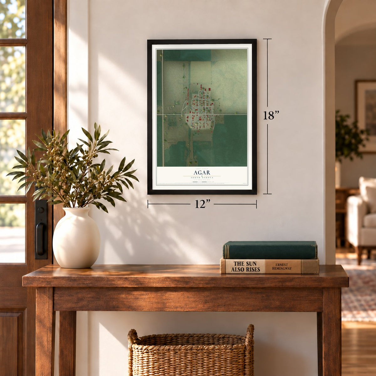 Agar, South Dakota map, 12 x 18 inch print in a black frame in an entryway