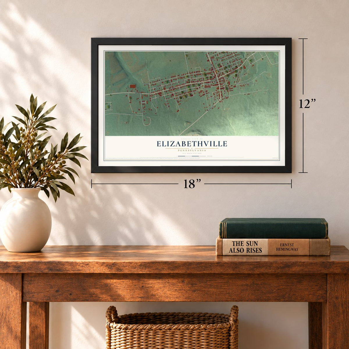 Elizabethville, Pennsylvania map, 12 x 18 inch print in a black frame in an entryway