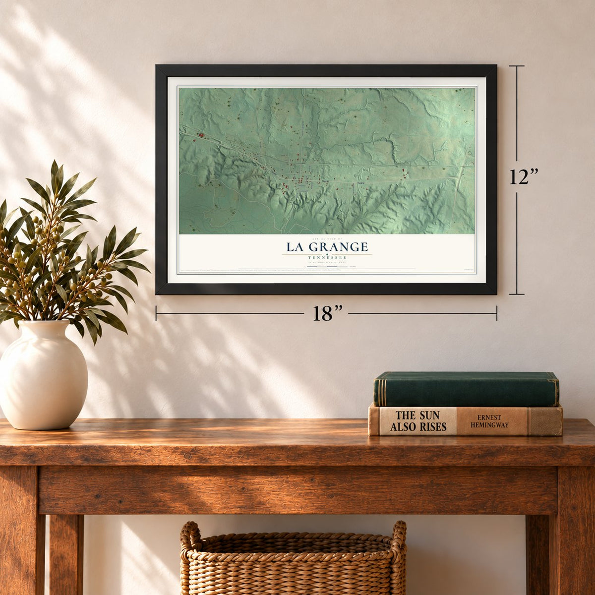 La Grange, Tennessee map, 12 x 18 inch print in a black frame in an entryway