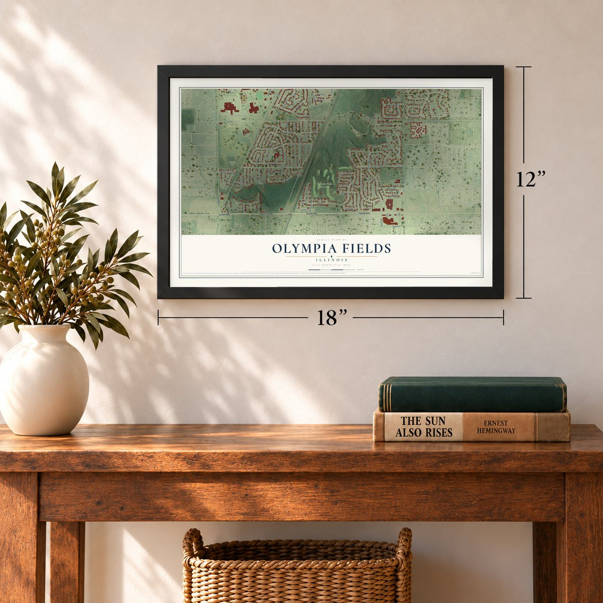 Olympia Fields, Illinois map, 12 x 18 inch print in a black frame in an entryway