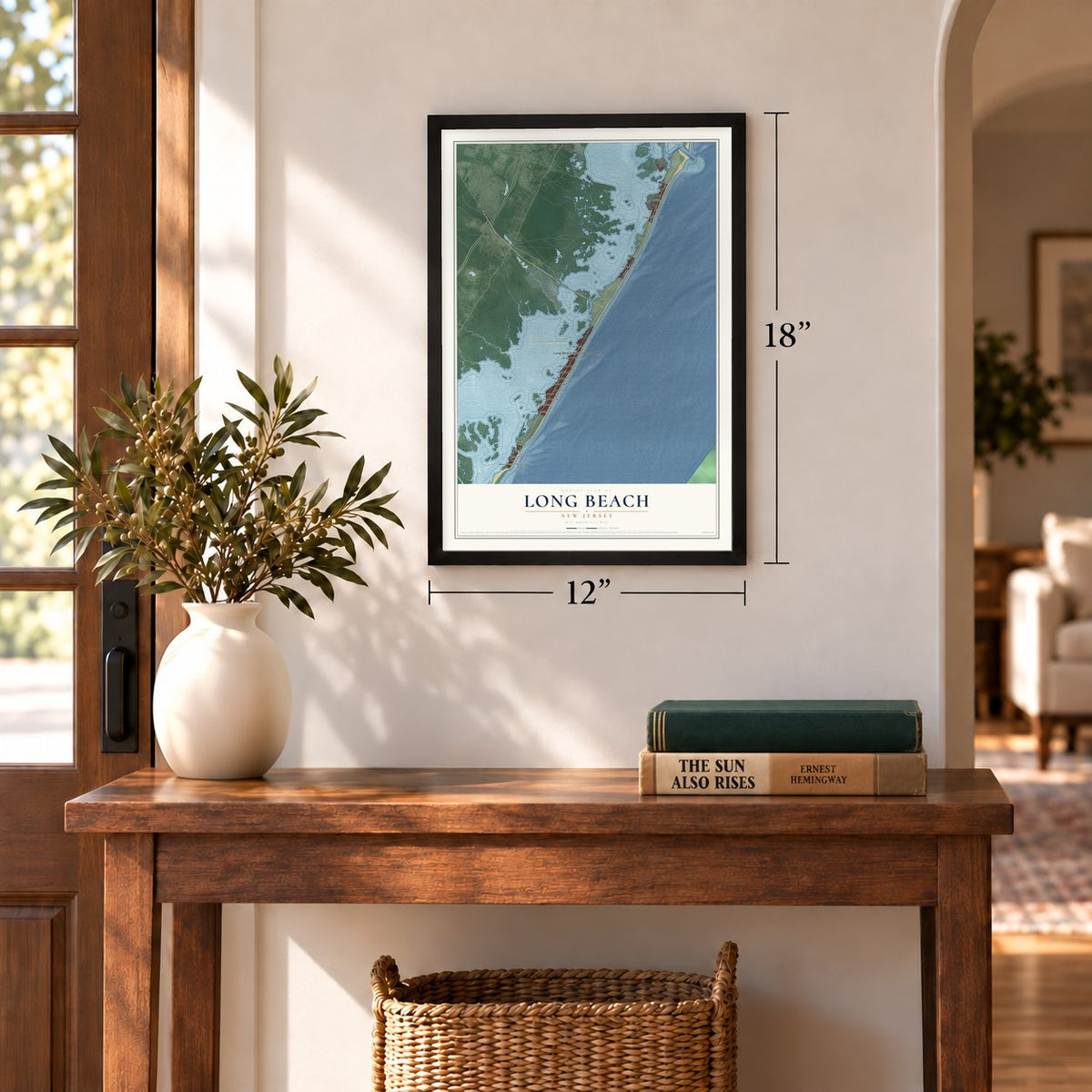 Long Beach, New Jersey map, 12 x 18 inch print in a black frame in an entryway