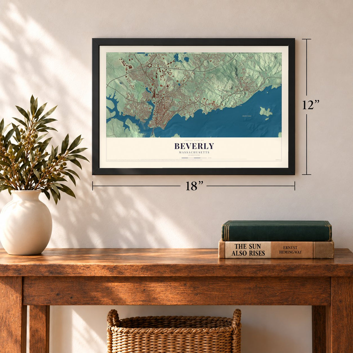 Beverly, Massachusetts map, 12 x 18 inch print in a black frame in an entryway