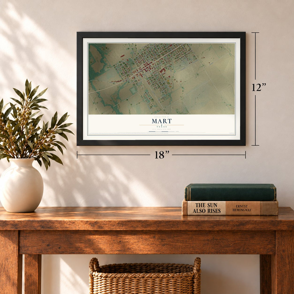 Mart, Texas map, 12 x 18 inch print in a black frame in an entryway