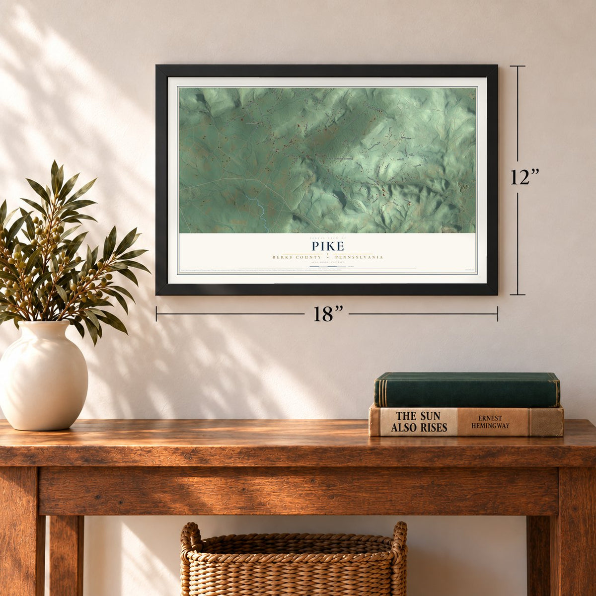 Pike, Berks County, Pennsylvania map, 12 x 18 inch print in a black frame in an entryway