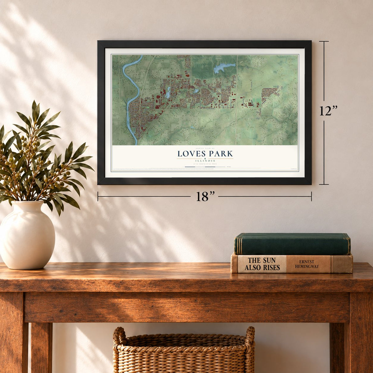 Loves Park, Illinois map, 12 x 18 inch print in a black frame in an entryway