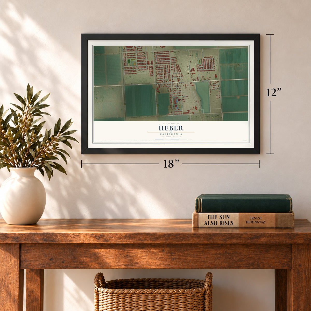 Heber, California map, 12 x 18 inch print in a black frame in an entryway