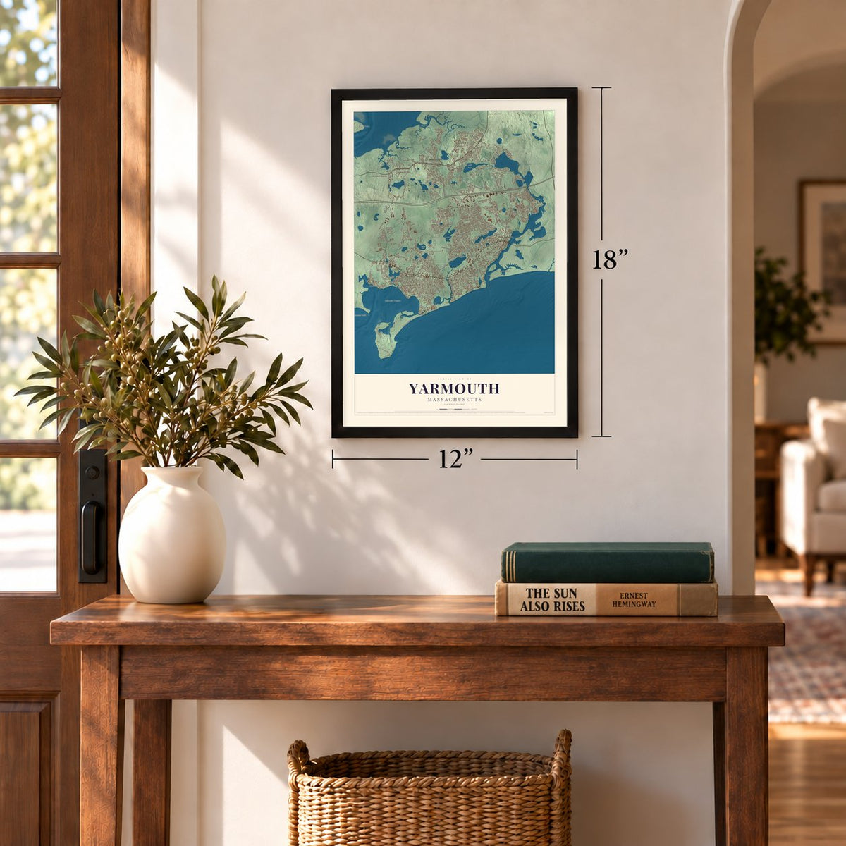 Yarmouth, Massachusetts map, 12 x 18 inch print in a black frame in an entryway