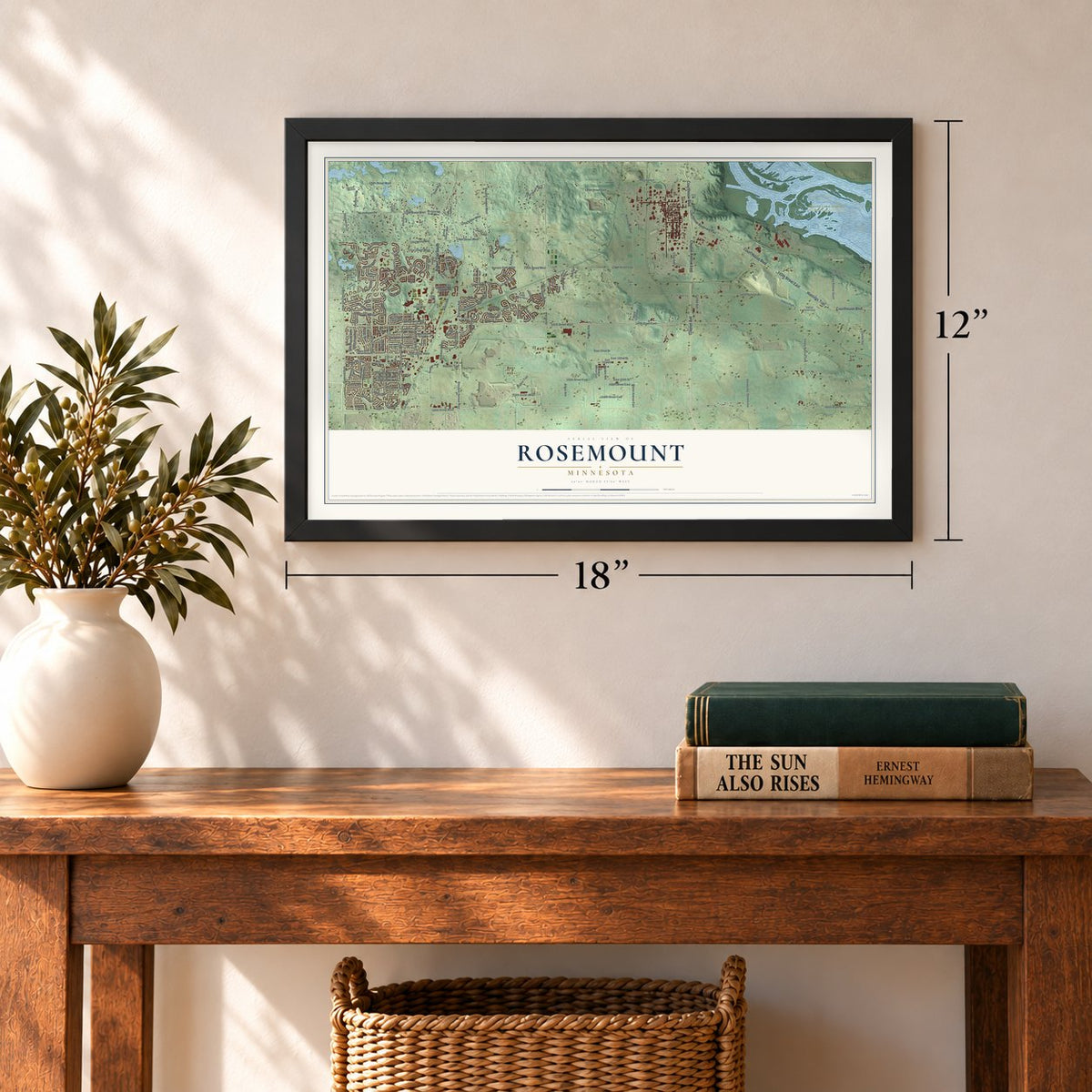Rosemount, Minnesota map, 12 x 18 inch print in a black frame in an entryway