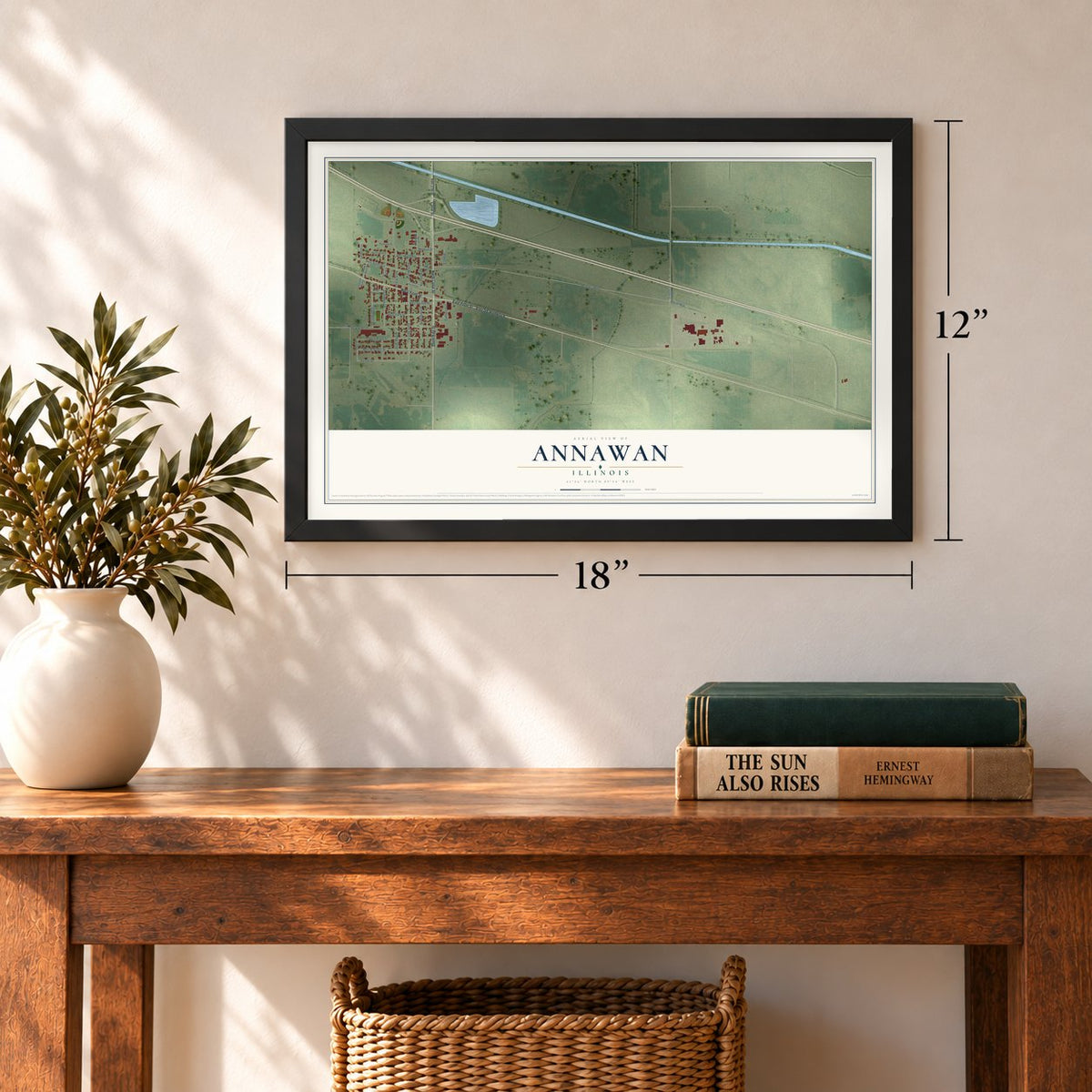 Annawan, Illinois map, 12 x 18 inch print in a black frame in an entryway