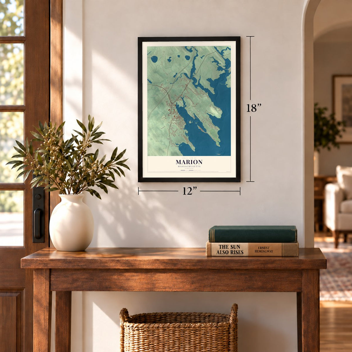 Marion, Massachusetts map, 12 x 18 inch print in a black frame in an entryway