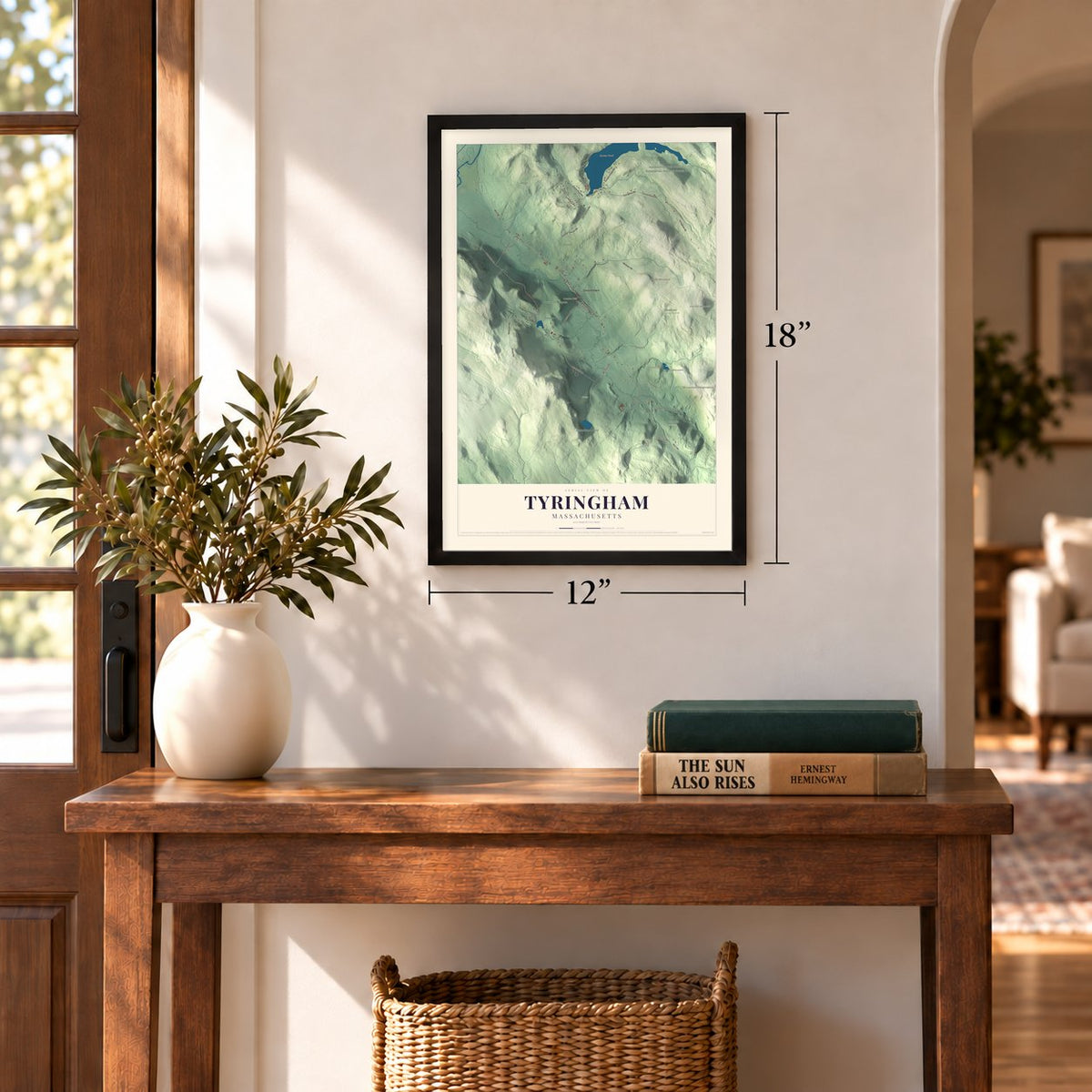 Tyringham, Massachusetts map, 12 x 18 inch print in a black frame in an entryway