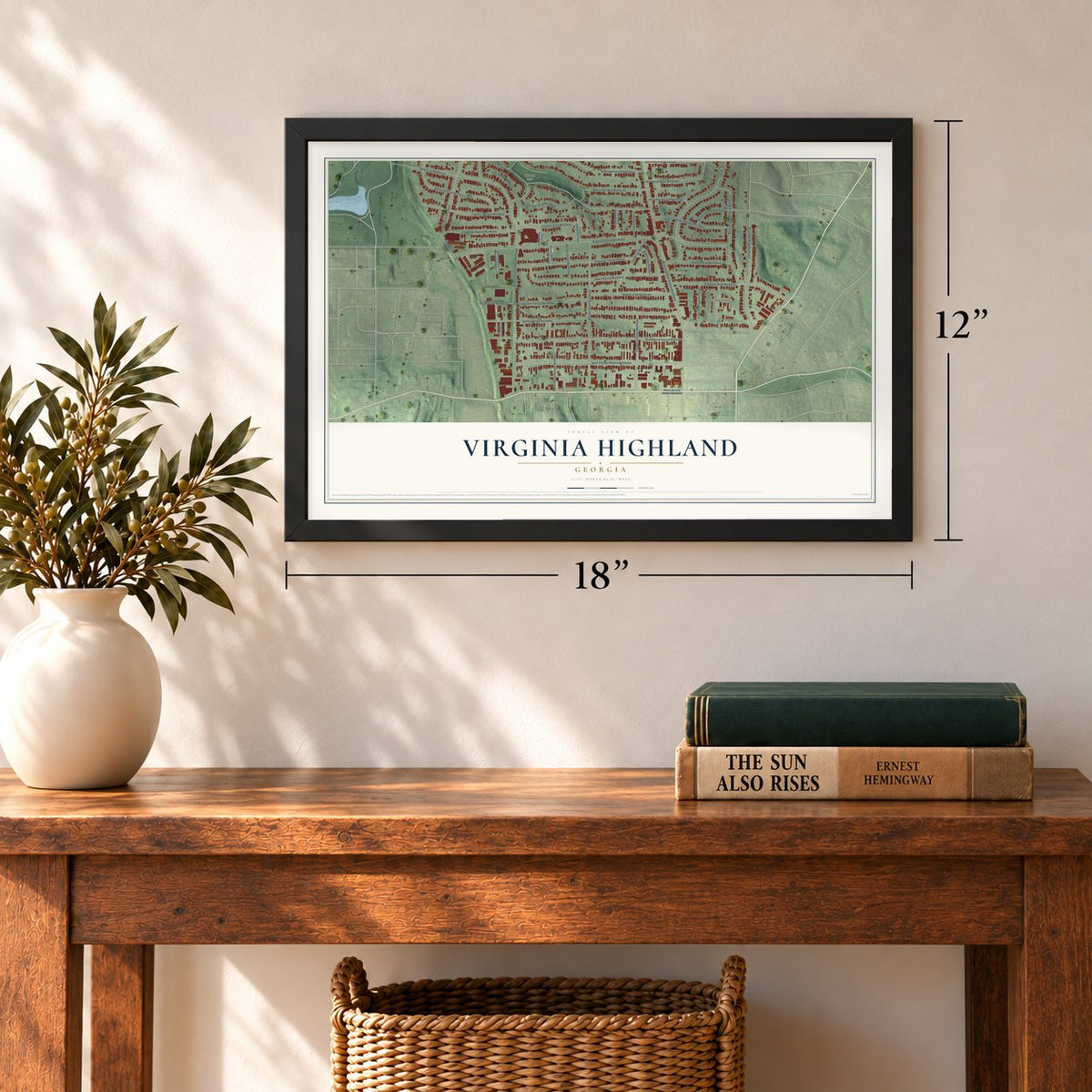 Virginia Highland, Georgia map, 12 x 18 inch print in a black frame in an entryway