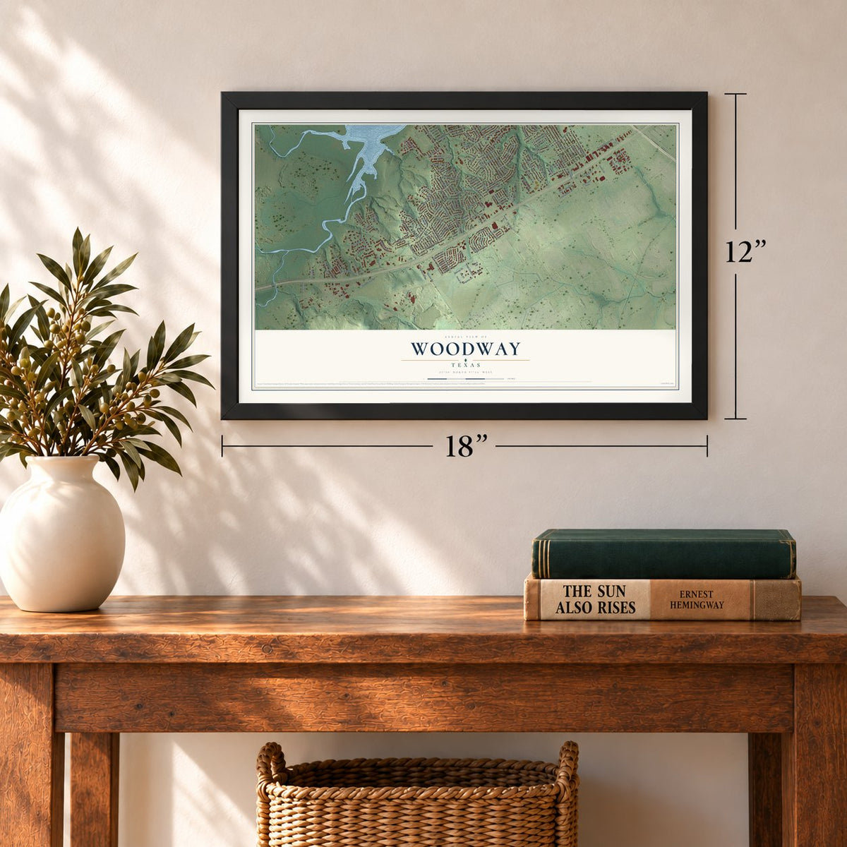 Woodway, Texas map, 12 x 18 inch print in a black frame in an entryway