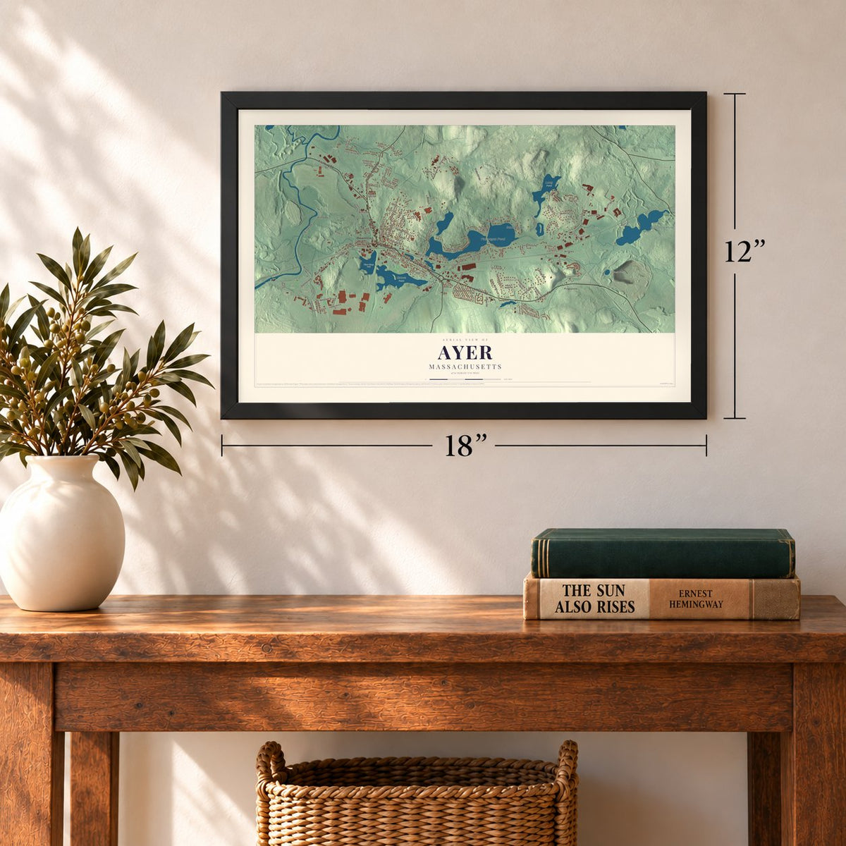 Ayer, Massachusetts map, 12 x 18 inch print in a black frame in an entryway
