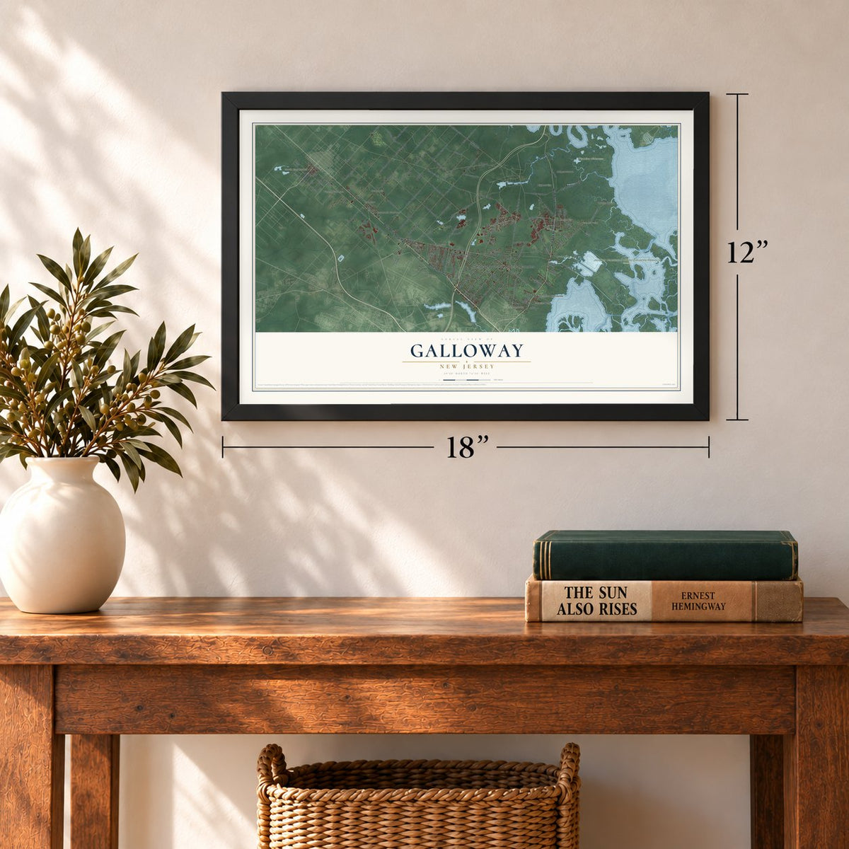 Galloway, New Jersey map, 12 x 18 inch print in a black frame in an entryway