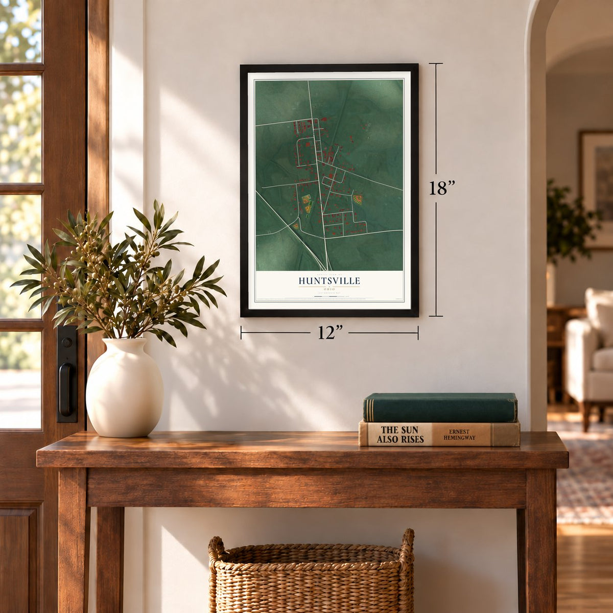 Huntsville, Ohio map, 12 x 18 inch print in a black frame in an entryway