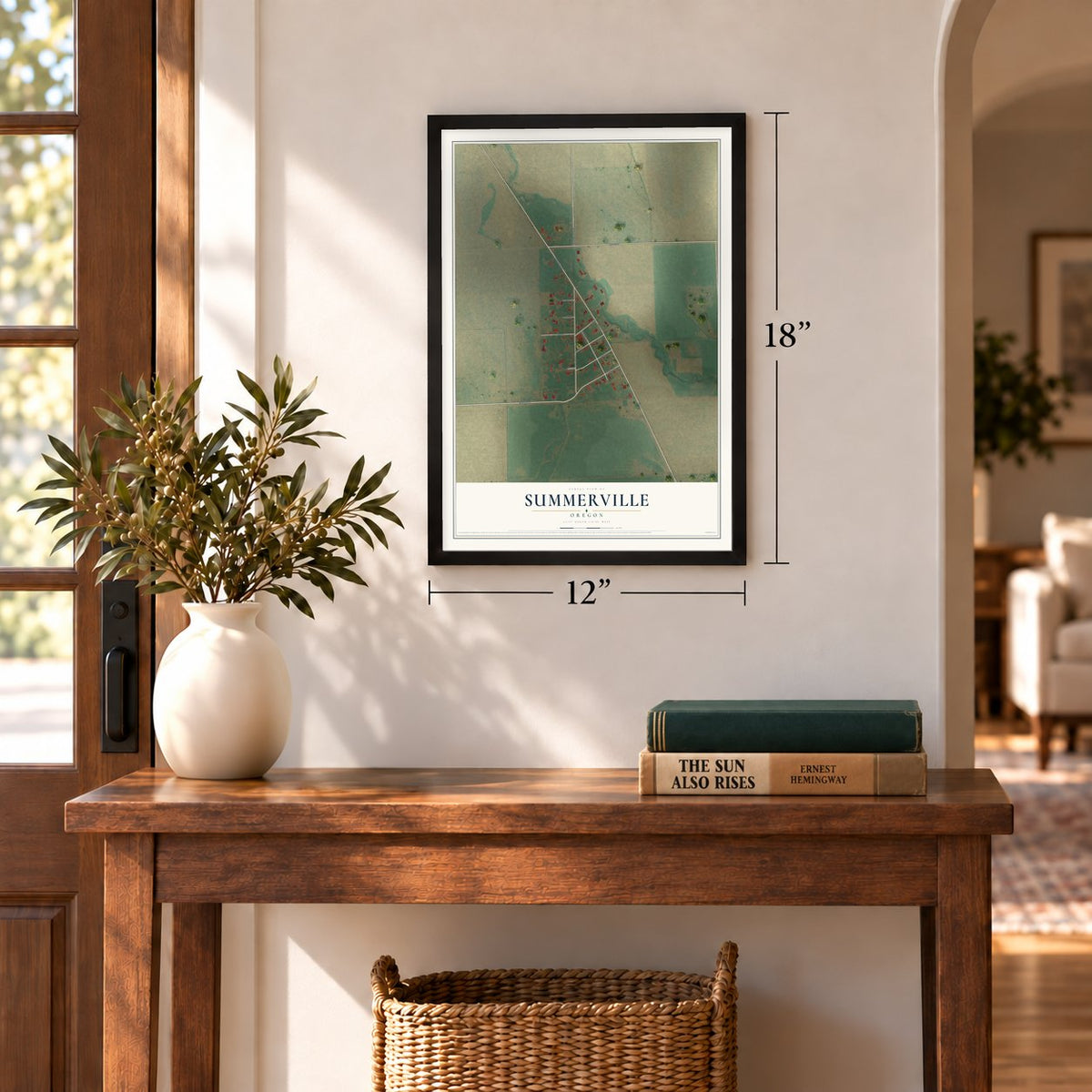 Summerville, Oregon map, 12 x 18 inch print in a black frame in an entryway