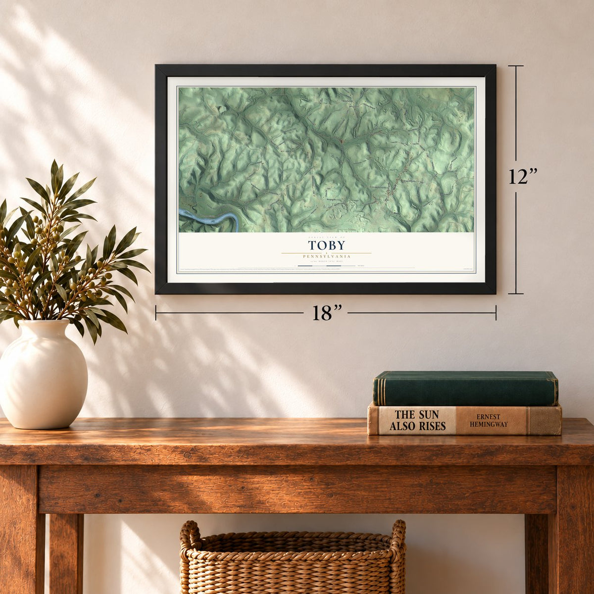 Toby, Pennsylvania map, 12 x 18 inch print in a black frame in an entryway