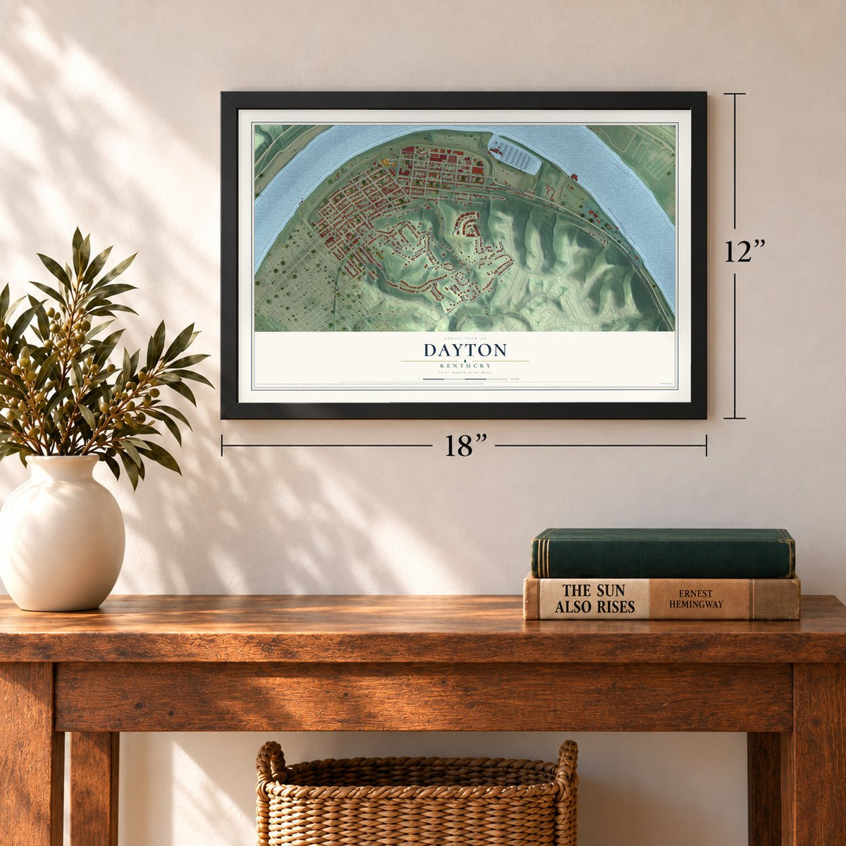 Dayton, Kentucky map, 12 x 18 inch print in a black frame in an entryway