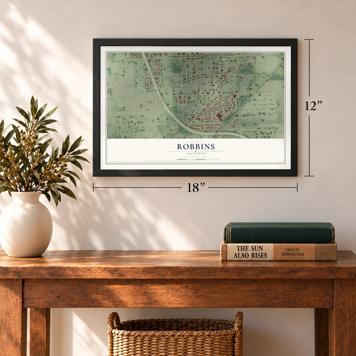 Robbins, Illinois map, 12 x 18 inch print in a black frame in an entryway