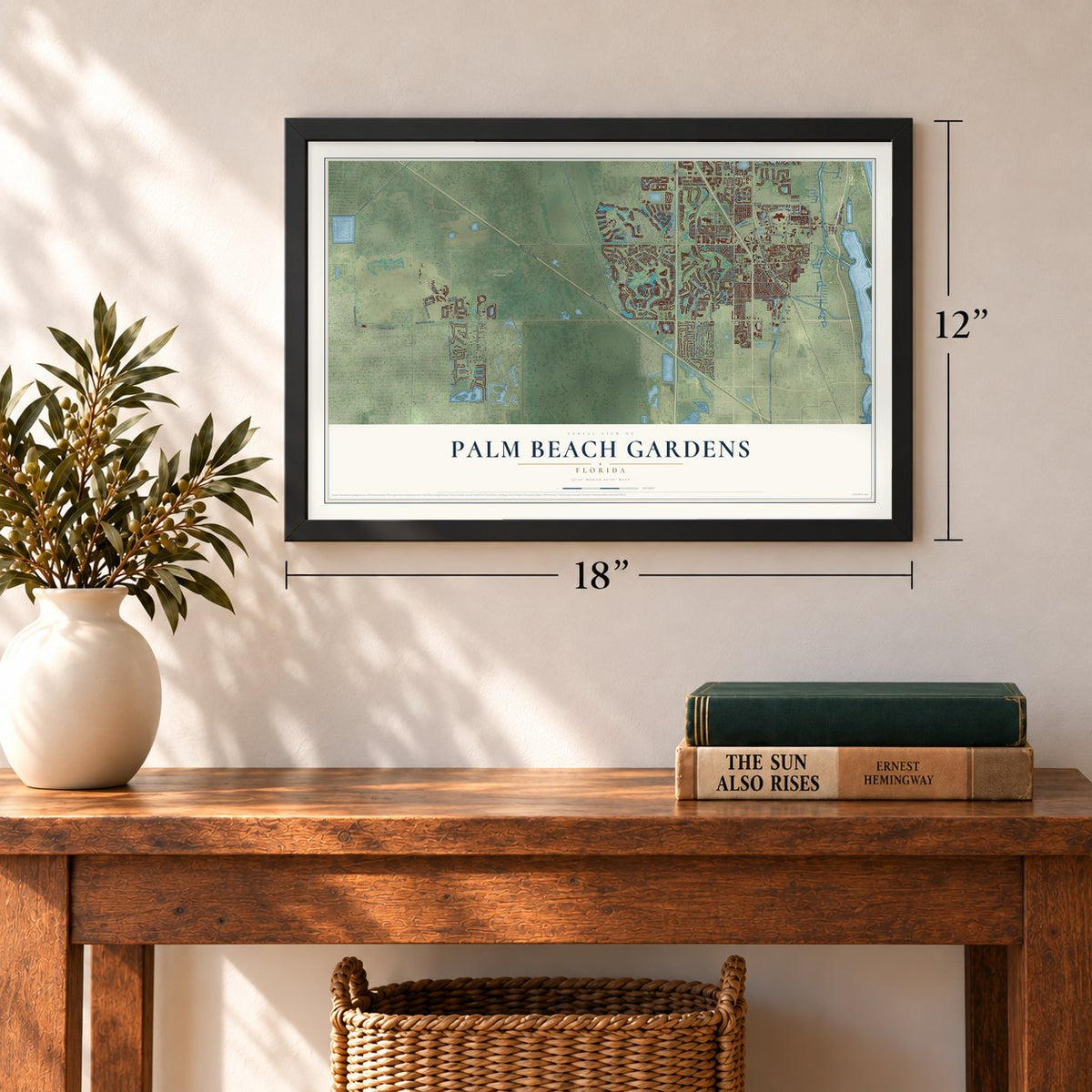 Palm Beach Gardens, Florida map, 12 x 18 inch print in a black frame in an entryway