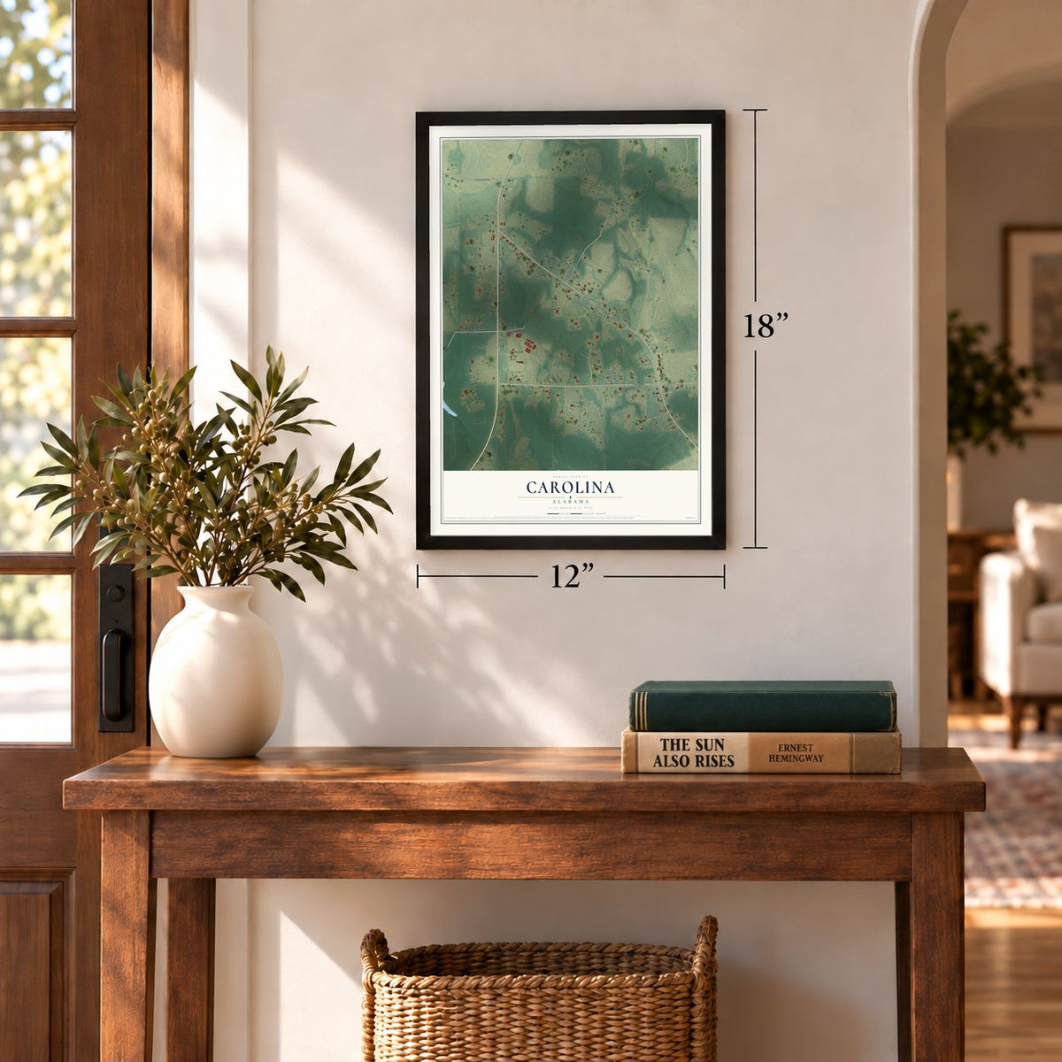 Carolina, Alabama map, 12 x 18 inch print in a black frame in an entryway