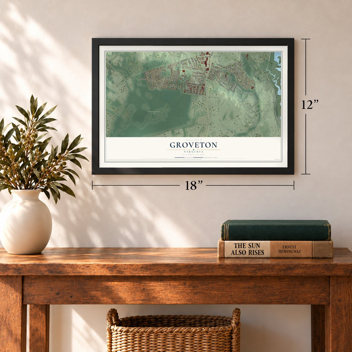 Groveton, Virginia map, 12 x 18 inch print in a black frame in an entryway