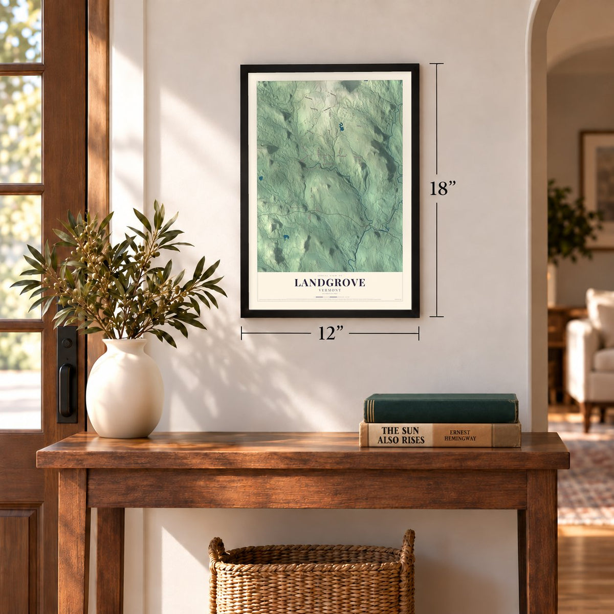 Landgrove, Vermont map, 12 x 18 inch print in a black frame in an entryway