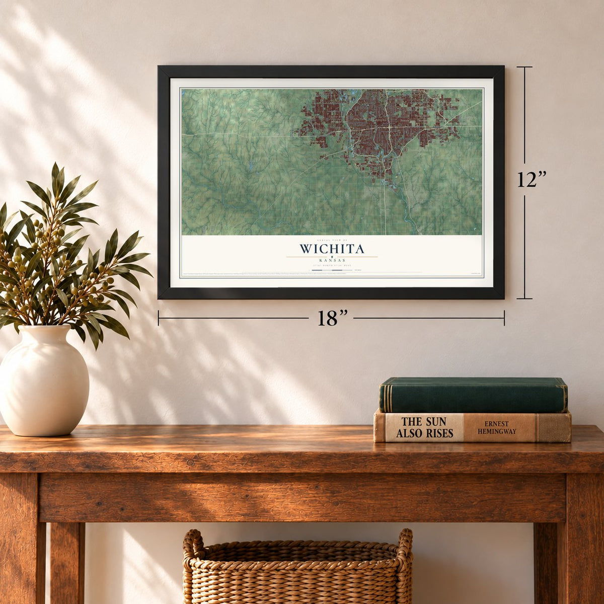 Wichita, Kansas map, 12 x 18 inch print in a black frame in an entryway
