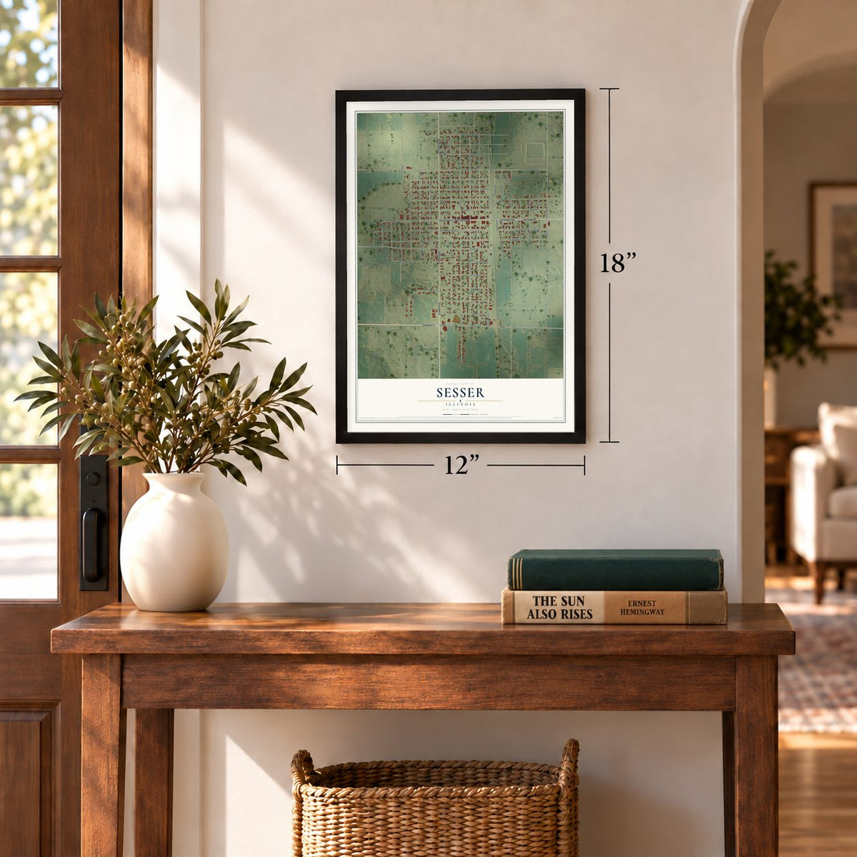 Sesser, Illinois map, 12 x 18 inch print in a black frame in an entryway