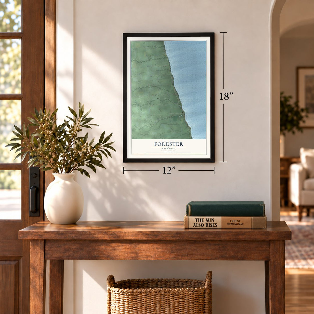 Forester, Michigan map, 12 x 18 inch print in a black frame in an entryway