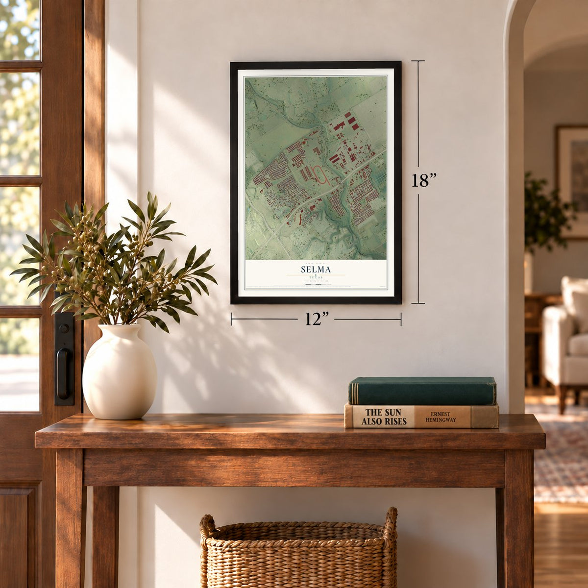 Selma, Texas map, 12 x 18 inch print in a black frame in an entryway