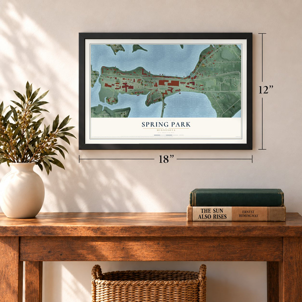 Spring Park, Minnesota map, 12 x 18 inch print in a black frame in an entryway