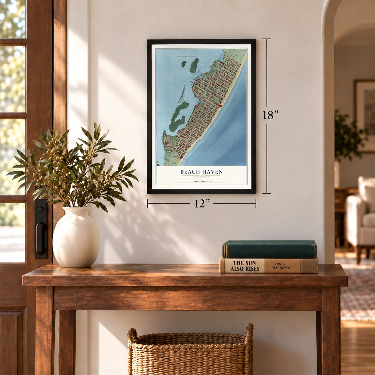 Beach Haven, New Jersey map, 12 x 18 inch print in a black frame in an entryway