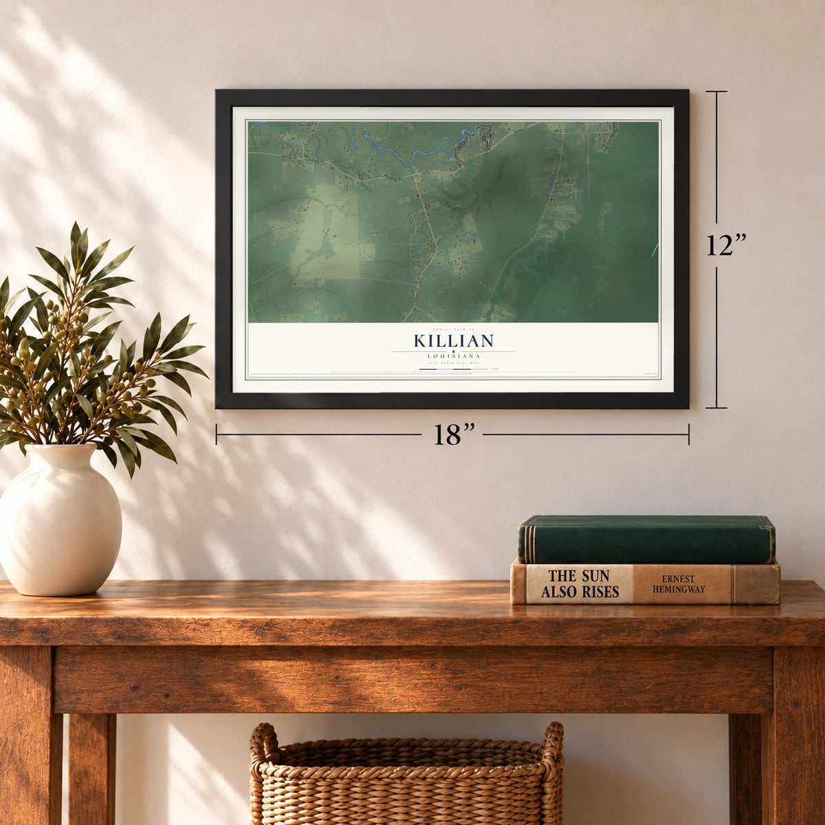 Killian, Louisiana map, 12 x 18 inch print in a black frame in an entryway