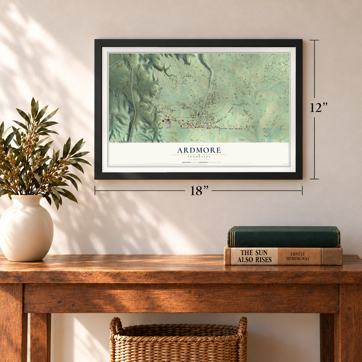 Ardmore, Tennessee map, 12 x 18 inch print in a black frame in an entryway