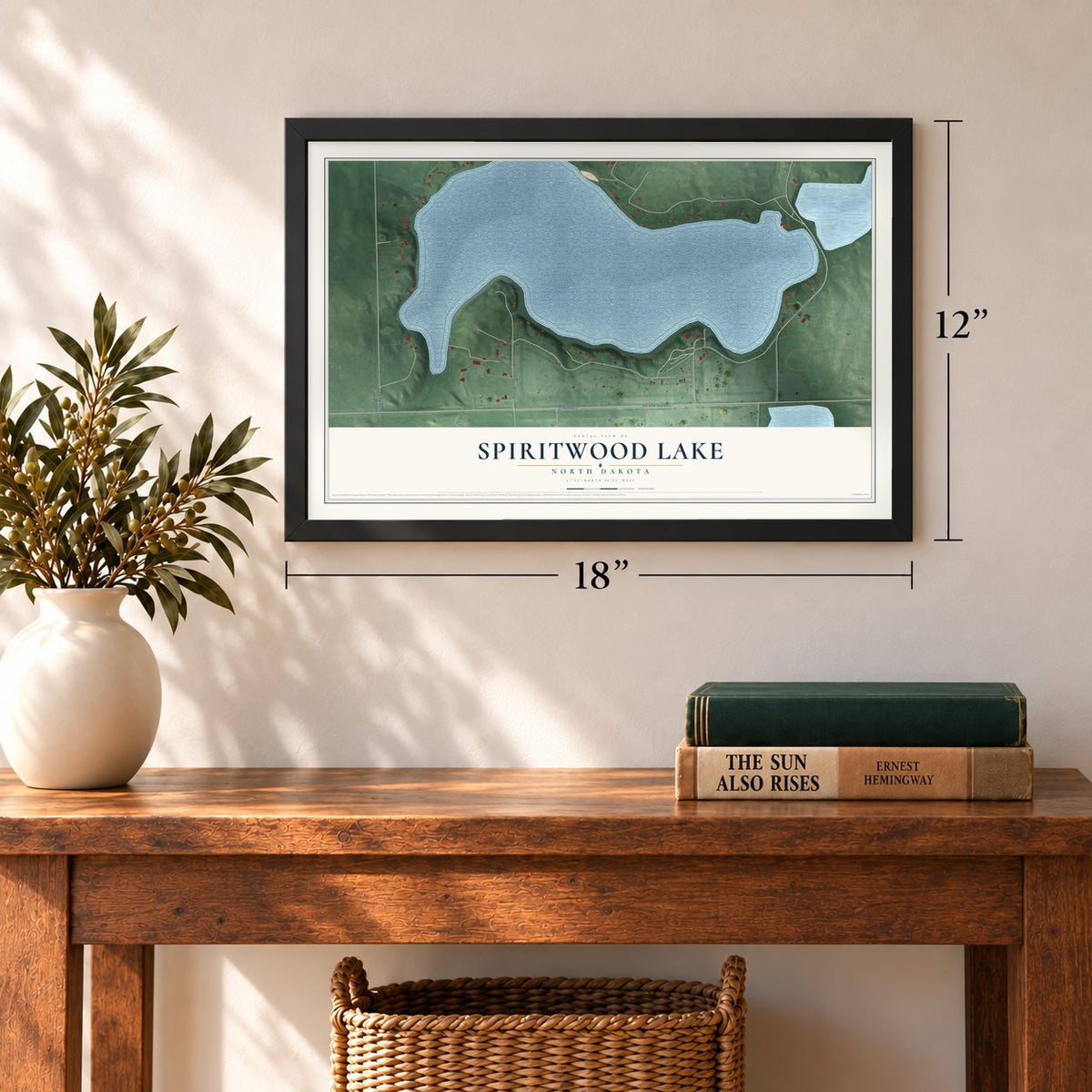 Spiritwood Lake, North Dakota map, 12 x 18 inch print in a black frame in an entryway