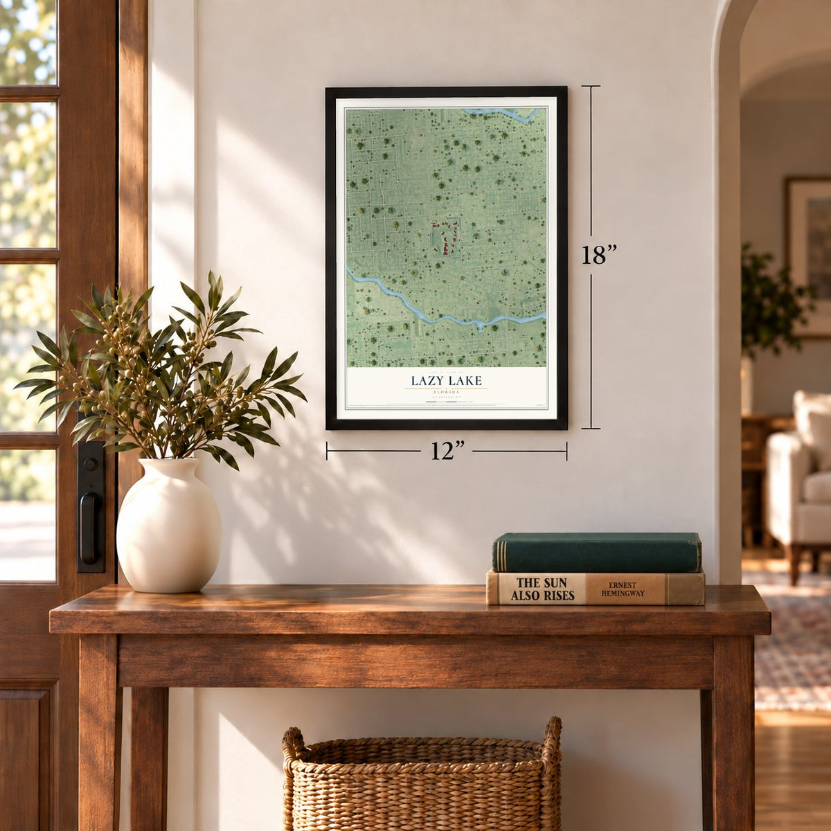 Lazy Lake, Florida map, 12 x 18 inch print in a black frame in an entryway